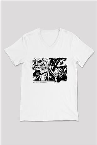 Attack On Titan Baskılı Beyaz Unisex V Yaka Tişört - Tshirt