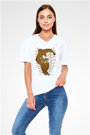 Attack On Titan Baskılı Beyaz Unisex V Yaka Tişört - Tshirt