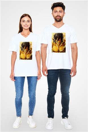 Attack On Titan Baskılı Beyaz Unisex V Yaka Tişört - Tshirt