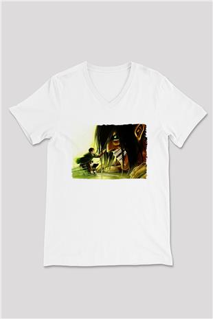 Attack On Titan Baskılı Beyaz Unisex V Yaka Tişört - Tshirt