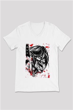 Attack On Titan Baskılı Beyaz Unisex V Yaka Tişört - Tshirt