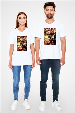 Attack On Titan Baskılı Beyaz Unisex V Yaka Tişört - Tshirt