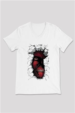 Attack On Titan Baskılı Beyaz Unisex V Yaka Tişört - Tshirt