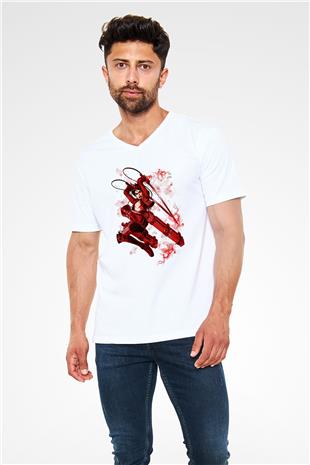 Attack On Titan Baskılı Beyaz Unisex V Yaka Tişört - Tshirt