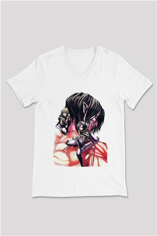 Attack On Titan Baskılı Beyaz Unisex V Yaka Tişört - Tshirt