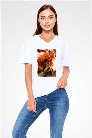 Attack On Titan Baskılı Beyaz Unisex V Yaka Tişört - Tshirt