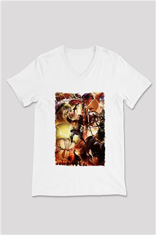Attack On Titan Baskılı Beyaz Unisex V Yaka Tişört - Tshirt