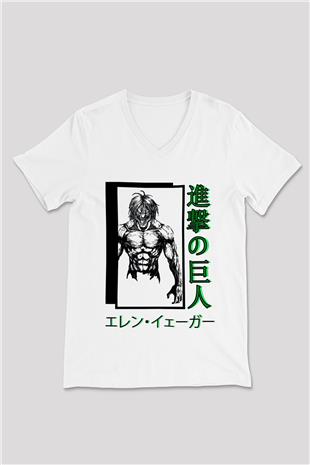 Attack On Titan Baskılı Beyaz Unisex V Yaka Tişört - Tshirt