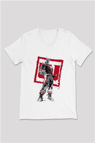 Attack On Titan Baskılı Beyaz Unisex V Yaka Tişört - Tshirt