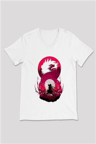 Attack On Titan Baskılı Beyaz Unisex V Yaka Tişört - Tshirt