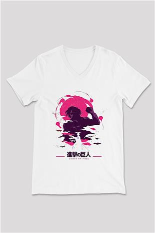 Attack On Titan Baskılı Beyaz Unisex V Yaka Tişört - Tshirt