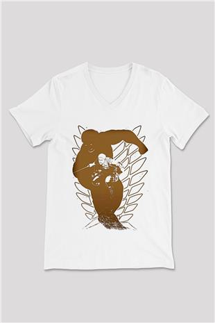 Attack On Titan Baskılı Beyaz Unisex V Yaka Tişört - Tshirt
