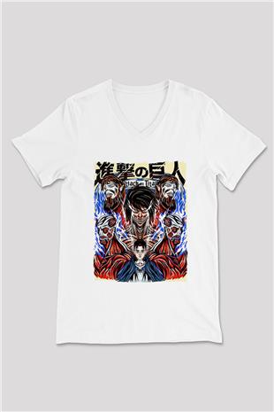 Attack On Titan Baskılı Beyaz Unisex V Yaka Tişört - Tshirt