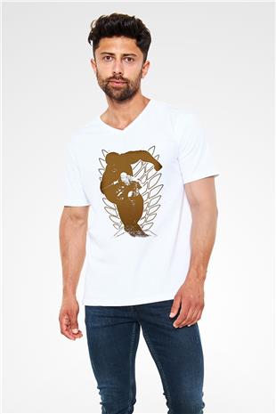 Attack On Titan Baskılı Beyaz Unisex V Yaka Tişört - Tshirt