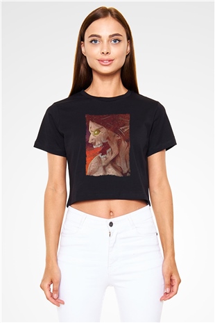 Attack On Titan Baskılı Siyah Crop Top Kadın Tişört - Tshirt
