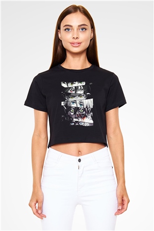 Attack On Titan Baskılı Siyah Crop Top Kadın Tişört - Tshirt