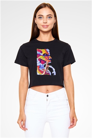 Attack On Titan Baskılı Siyah Crop Top Kadın Tişört - Tshirt