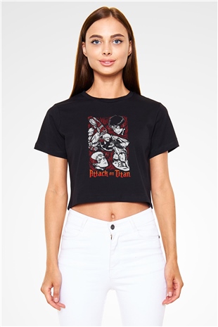 Attack On Titan Baskılı Siyah Crop Top Kadın Tişört - Tshirt