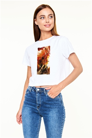 Attack On Titan Baskılı Siyah Crop Top Kadın Tişört - Tshirt