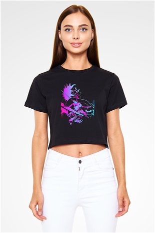 Attack On Titan Baskılı Siyah Crop Top Kadın Tişört - Tshirt