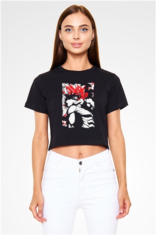 Attack On Titan Baskılı Siyah Crop Top Kadın Tişört - Tshirt