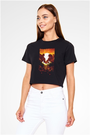 Attack On Titan Baskılı Siyah Crop Top Kadın Tişört - Tshirt