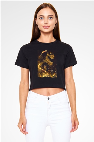 Attack On Titan Baskılı Siyah Crop Top Kadın Tişört - Tshirt