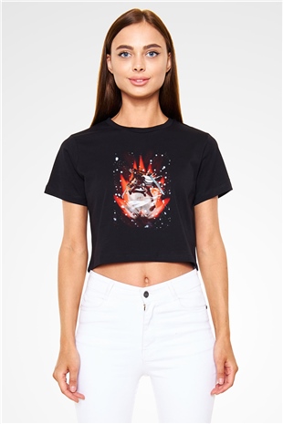 Attack On Titan Baskılı Siyah Crop Top Kadın Tişört - Tshirt