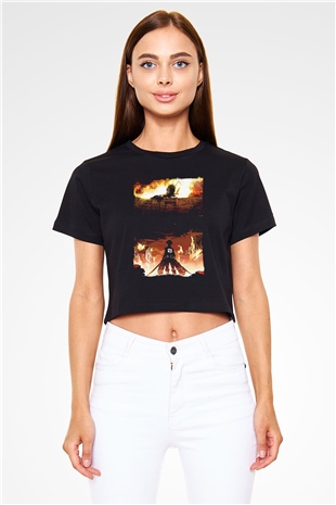 Attack On Titan Baskılı Siyah Crop Top Kadın Tişört - Tshirt