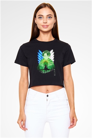 Attack On Titan Baskılı Siyah Crop Top Kadın Tişört - Tshirt