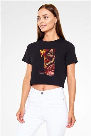 Attack On Titan Baskılı Siyah Crop Top Kadın Tişört - Tshirt