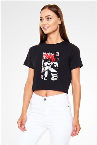 Attack On Titan Baskılı Siyah Crop Top Kadın Tişört - Tshirt
