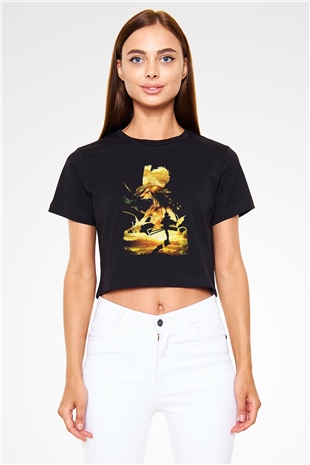 Attack On Titan Baskılı Siyah Crop Top Kadın Tişört - Tshirt