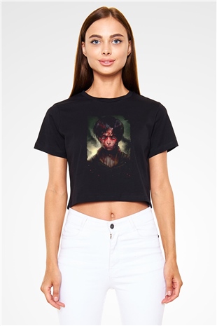 Attack On Titan Baskılı Siyah Crop Top Kadın Tişört - Tshirt