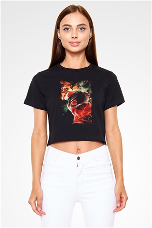 Attack On Titan Baskılı Siyah Crop Top Kadın Tişört - Tshirt