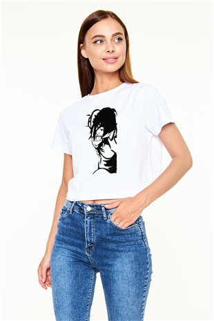 Attack On Titan Baskılı Siyah Crop Top Kadın Tişört - Tshirt