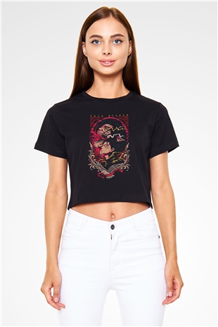 Attack On Titan Baskılı Siyah Crop Top Kadın Tişört - Tshirt