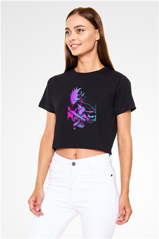 Attack On Titan Baskılı Siyah Crop Top Kadın Tişört - Tshirt