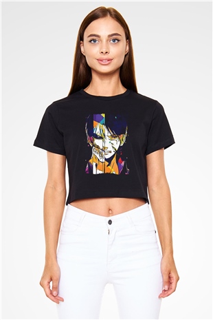 Attack On Titan Baskılı Siyah Crop Top Kadın Tişört - Tshirt