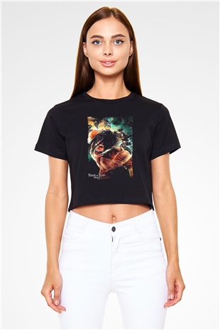 Attack On Titan Baskılı Siyah Crop Top Kadın Tişört - Tshirt