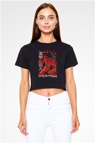 Attack On Titan Baskılı Siyah Crop Top Kadın Tişört - Tshirt