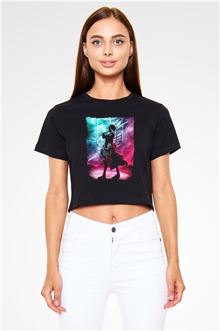 Attack On Titan Baskılı Siyah Crop Top Kadın Tişört - Tshirt