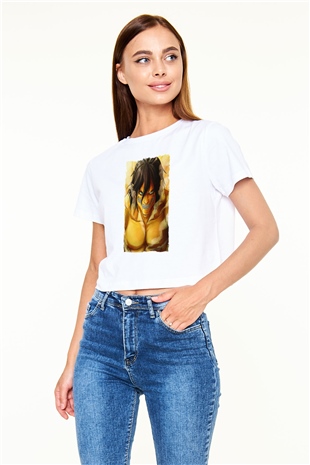Attack On Titan Baskılı Siyah Crop Top Kadın Tişört - Tshirt
