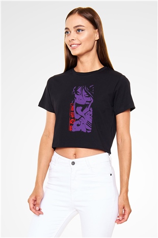 Attack On Titan Baskılı Siyah Crop Top Kadın Tişört - Tshirt