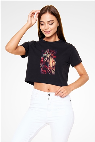 Attack On Titan Baskılı Siyah Crop Top Kadın Tişört - Tshirt