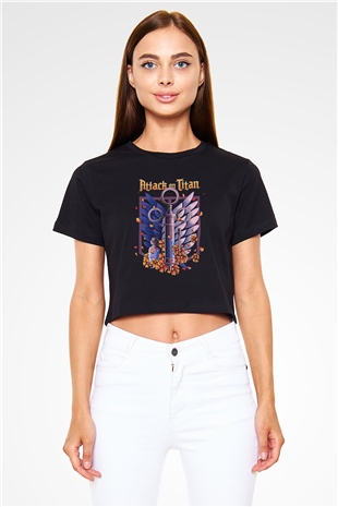 Attack On Titan Baskılı Siyah Crop Top Kadın Tişört - Tshirt