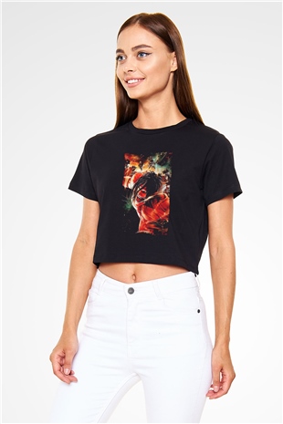 Attack On Titan Baskılı Siyah Crop Top Kadın Tişört - Tshirt