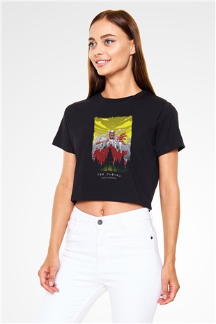 Attack On Titan Baskılı Siyah Crop Top Kadın Tişört - Tshirt