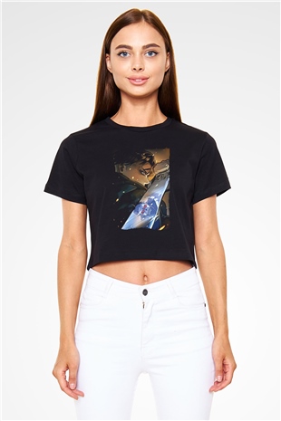 Attack On Titan Baskılı Siyah Crop Top Kadın Tişört - Tshirt