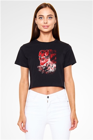 Attack On Titan Baskılı Siyah Crop Top Kadın Tişört - Tshirt